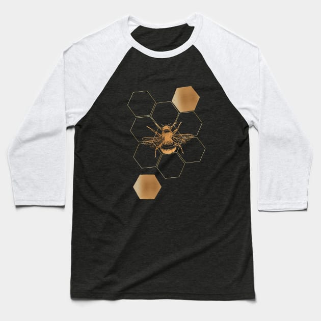 Gold Honey bee with hexagon on navy Baseball T-Shirt by CharlieCreates